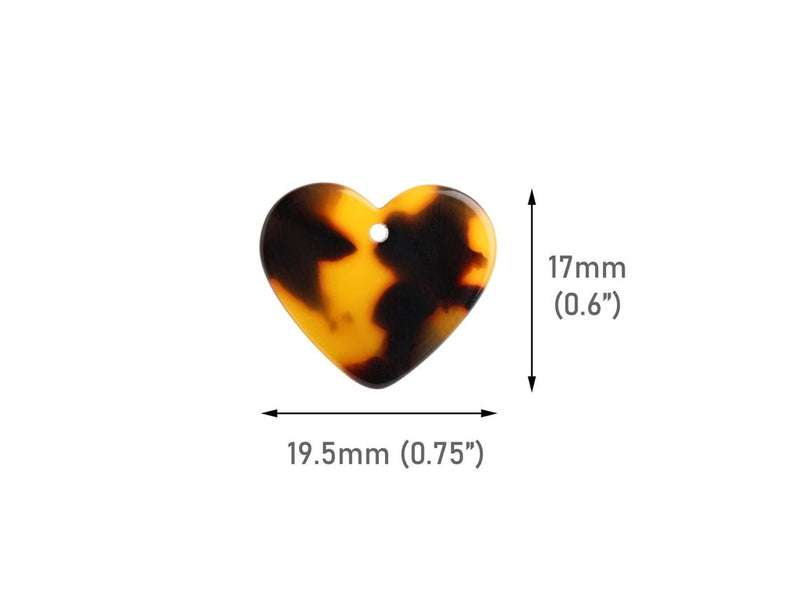 4 Tortoise Shell Heart Charms, Leopard Print Spots, Orange and Brown, Cellulose Acetate, 19.5 x 17mm