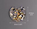 2 Large Half Circle Pendants in Hollywood Gala, Gold, Black and White, Metallic Confetti Dots, Clear Acrylic, 37 x 33.5mm