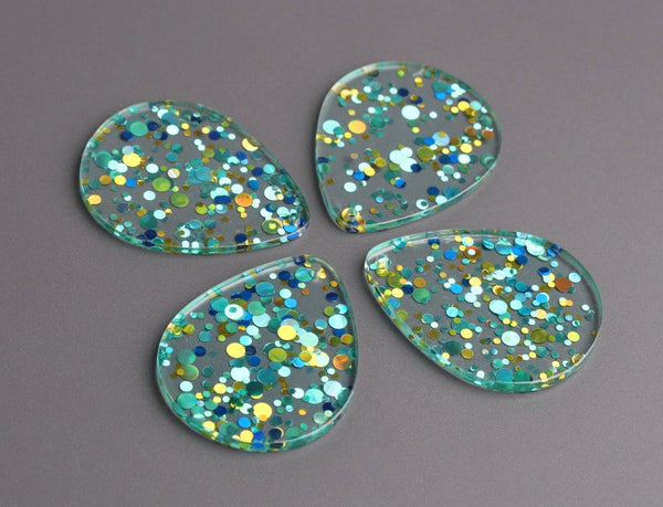4 Large Teardrop Pendants in Pool Party, Mint Green, Blue and Gold, Multicolored Confetti Dots, Clear Acrylic Beads, 40 x 31.5mm