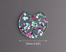 2 Large Half Circle Pendants in Music Festival, Green Teal, Pink and White, Colorful Confetti Dots, Clear Acrylic, 37 x 33.5mm