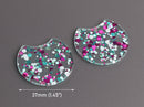 2 Large Half Circle Pendants in Music Festival, Green Teal, Pink and White, Colorful Confetti Dots, Clear Acrylic, 37 x 33.5mm