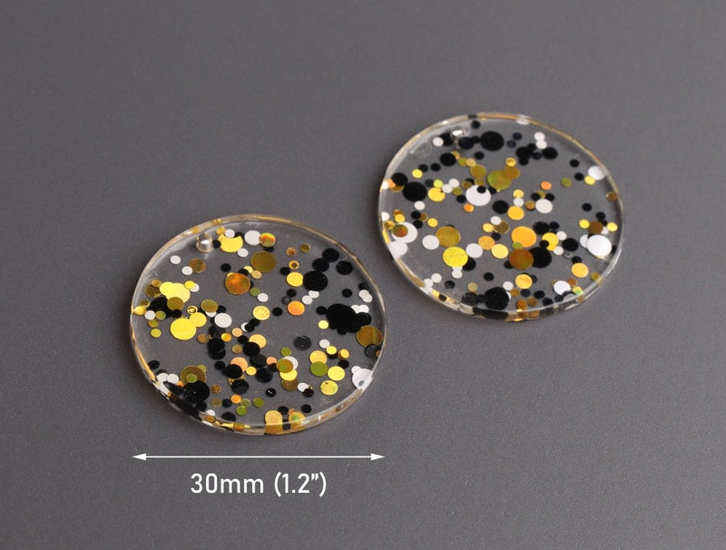 4 Round Circle Charms in Hollywood Gala, Gold, Black and White, Metallic Confetti Dots, Clear Acrylic Disc Bead, 30mm