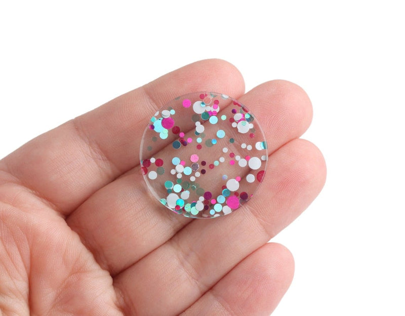 4 Round Circle Charms in Music Festival, Pink, Green and White, Colorful Confetti Dots, Clear Acrylic Disc Bead, 30mm