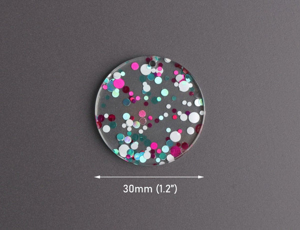 4 Round Circle Charms in Music Festival, Pink, Green and White, Colorful Confetti Dots, Clear Acrylic Disc Bead, 30mm
