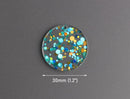 4 Round Circle Charms in Pool Party, Green Teal, Blue and Gold, Confetti Dots, Clear Acrylic Disc Bead, 30mm