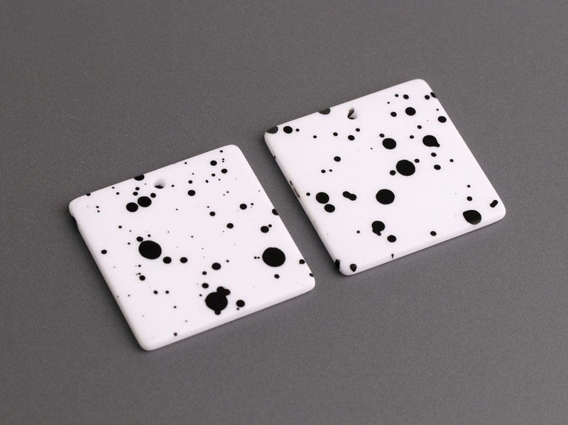 2 Large Square Charms in Matte White with Black Dots, Spray Paint Splatter Effect, Smooth Acrylic, 30 x 30mm