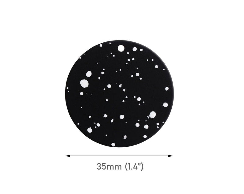 4 Round Charms in Night Sky, Black with White Spray Paint Splatter, Smooth Matte, Acrylic, 35mm