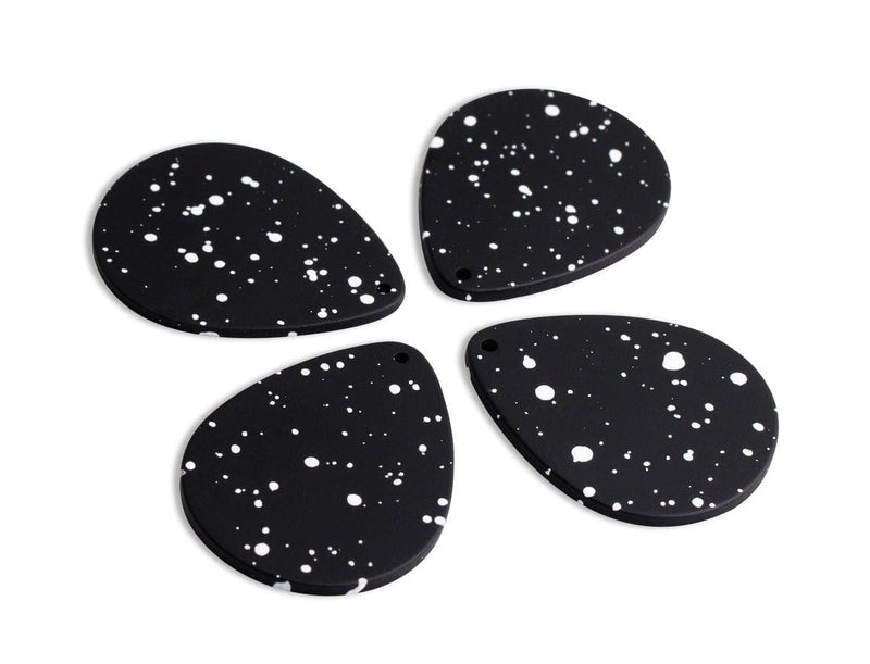 4 Large Teardrop Charms in Night Sky, Smooth Matte with White Paint Spray Dots, Black Acrylic, 40 x 31.5mm