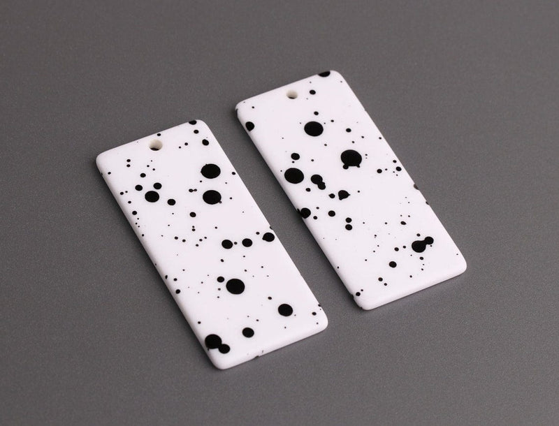 2 Large Rectangle Charms in Matte White with Black Dots, 1 Hole, Spray Paint Spattler, Acrylic, 44 x 19.5mm