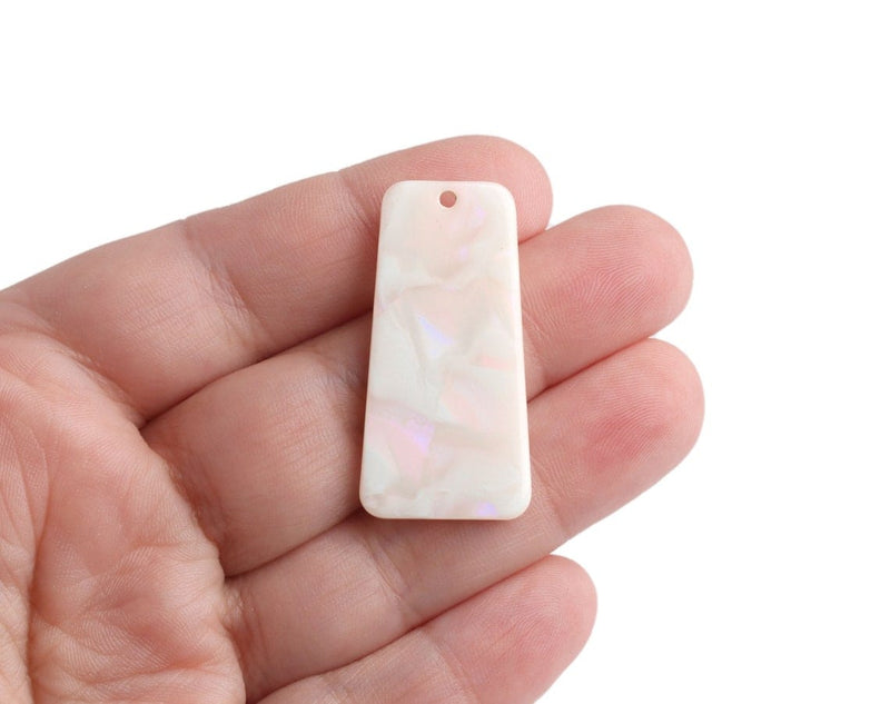 2 Iridescent White Trapezoid Charms, 1 Hole, AB Effect, Flared Rectangle Shape, Cellulose Acetate, 38 x 19mm