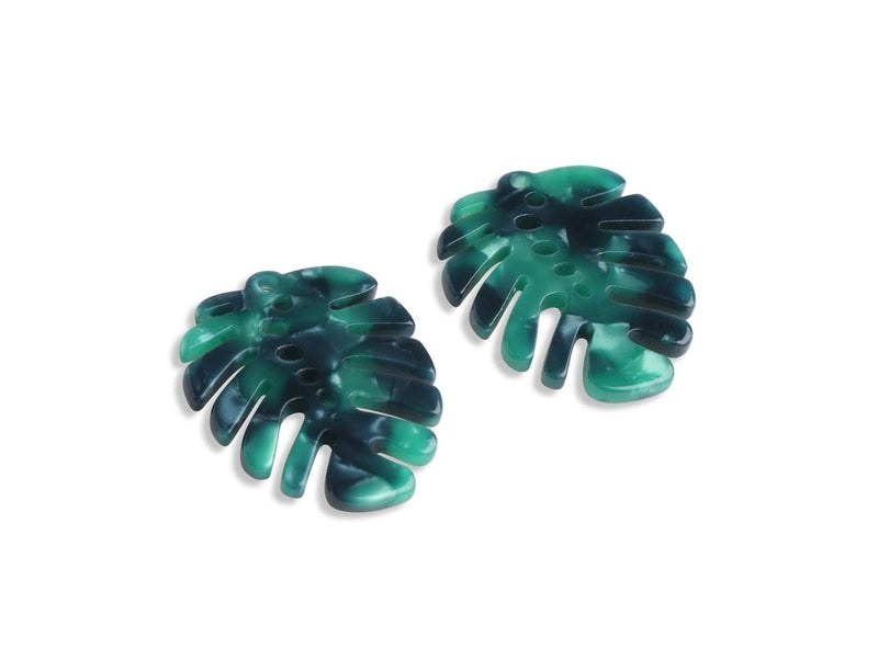 2 Green Palm Leaf Charms, 1 Hole, Dark Green Marble, Acetate Plastic, 27 x 22.5mm