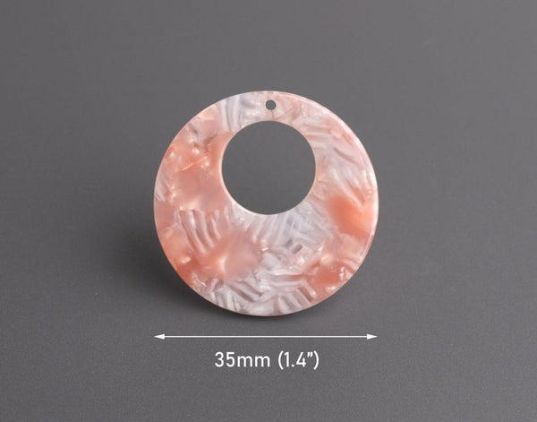 2 Round Pendants in Light Pink Pearl, Translucent White and Pink, Large Circle Charms, Acetate, 35mm