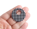 2 Houndstooth Ring Pendants, Thin Flat Discs, Black and White Pixelated Pattern, Printed Acrylic, 35mm