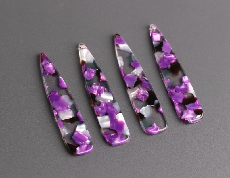 4 Long Teardrop Charms in Purple Mosaic, 1 Hole, White Pearl, Purple and Clear, Acetate, 54 x 11mm