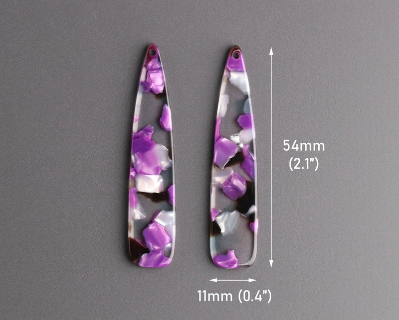 4 Long Teardrop Charms in Purple Mosaic, 1 Hole, White Pearl, Purple and Clear, Acetate, 54 x 11mm