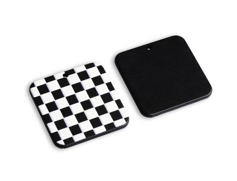 2 Flat Square Charms with a Checkered Pattern, Textured Plastic, Black and White Race Flag, Checkerboard, 30 x 30mm