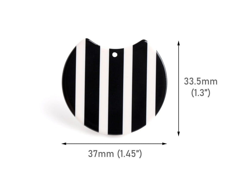 2 Round Half Circle Charms with Black and White Stripes, Geometric Shape, Acetate Plastic Beads, 37 x 33.5mm