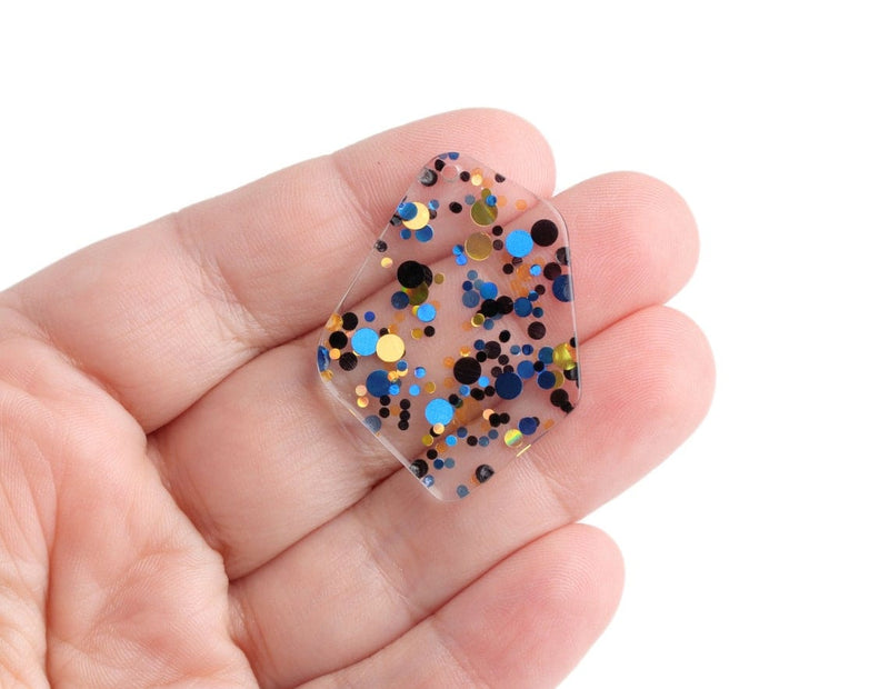 2 Geometric Charms in Candlelight Gala, Dark Blue, Gold, and Black, Metallic Confetti Dots, Clear Acrylic, 37 x 28.5mm