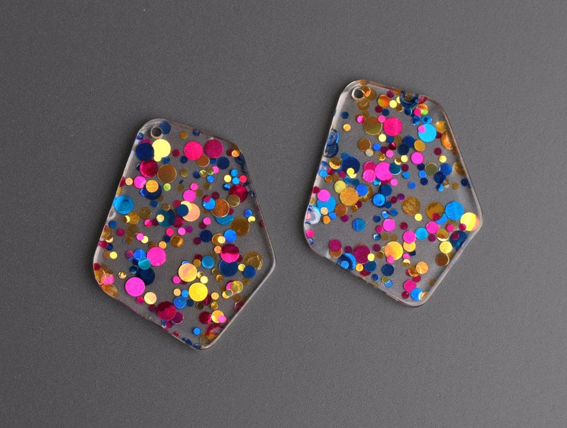 2 Geometric Charms in Cocktail Party, Blue, Pink and Gold, Colorful Confetti Dots, Clear Acrylic, 37 x 28.5mm