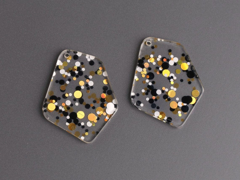 2 Geometric Charms in Hollywood Gala, Gold, White and Black, Metallic Confetti Dots, Clear Acrylic, 37 x 28.5mm