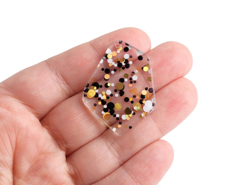 2 Geometric Charms in Hollywood Gala, Gold, White and Black, Metallic Confetti Dots, Clear Acrylic, 37 x 28.5mm