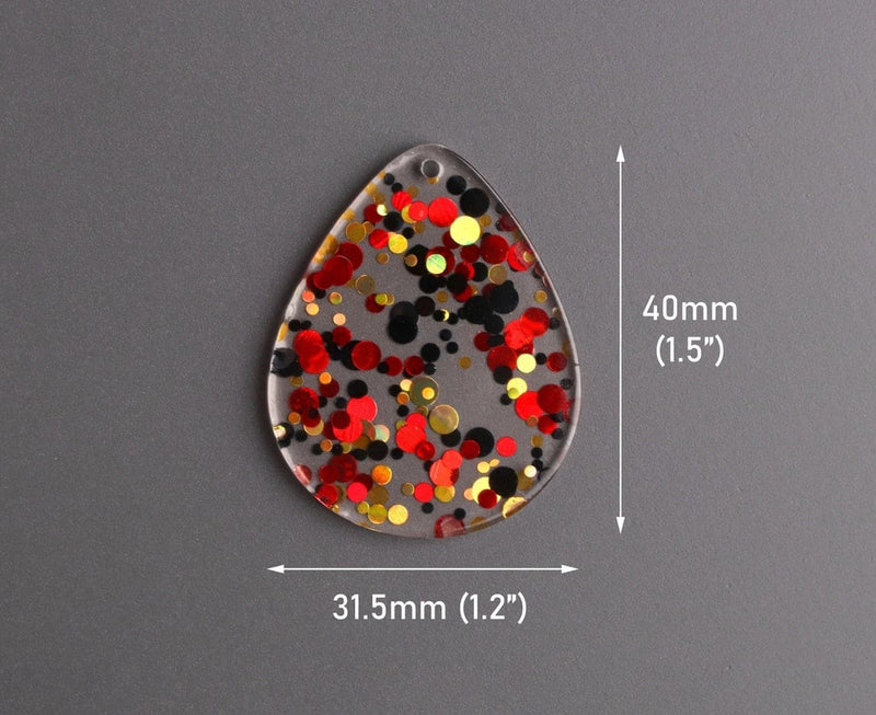 4 Large Teardrop Pendants in Red Carpet Gala, Red, Gold and Black, Multicolored Confetti Dots, Clear Acrylic Bead, 40 x 31.5mm