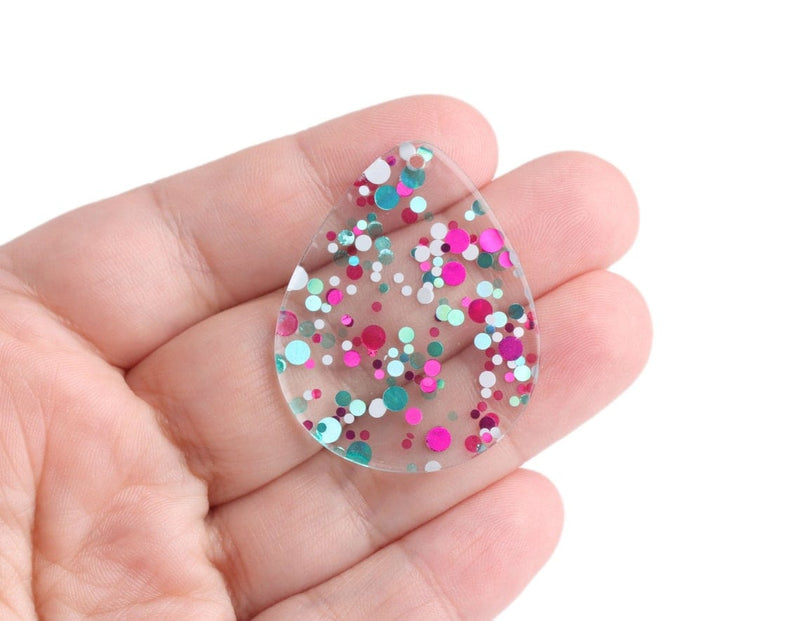 4 Large Teardrop Pendants in Music Festival, Green Teal, Pink and White, Colorful Confetti Dots, Clear Acrylic Bead, 40 x 31.5mm
