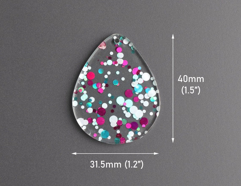 4 Large Teardrop Pendants in Music Festival, Green Teal, Pink and White, Colorful Confetti Dots, Clear Acrylic Bead, 40 x 31.5mm