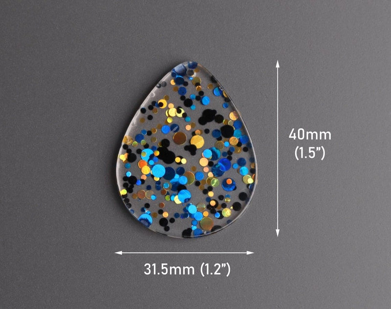 4 Large Teardrop Pendants in Candlight Gala, Dark Blue, Gold and Black, Metallic Confetti Dots, Clear Acrylic Beads, 40 x 31.5mm