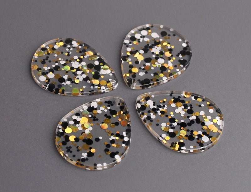 4 Large Teardrop Pendants in Hollywood Gala, Gold, Black and White, Metallic Confetti Dots, Clear Acrylic Bead, 40 x 31.5mm