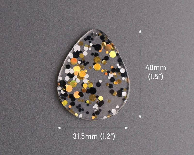 4 Large Teardrop Pendants in Hollywood Gala, Gold, Black and White, Metallic Confetti Dots, Clear Acrylic Bead, 40 x 31.5mm