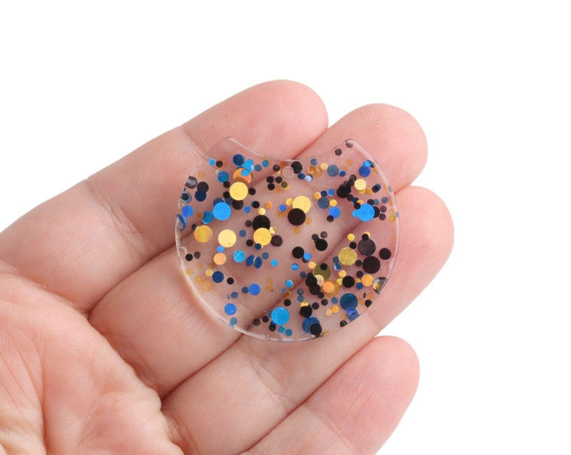 2 Large Half Circle Pendants in Candlelight Gala, Dark Blue, Gold and Black, Colorful Confetti Dots, Clear Acrylic, 37 x 33.5mm