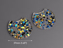 2 Large Half Circle Pendants in Candlelight Gala, Dark Blue, Gold and Black, Colorful Confetti Dots, Clear Acrylic, 37 x 33.5mm
