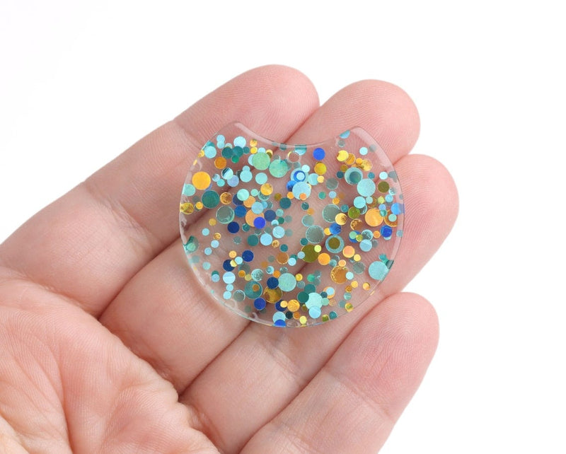 2 Large Half Circle Pendants in Pool Party, Mint Green, Blue and Gold, Confetti Dots, Transparent Acrylic, 37 x 33.5mm