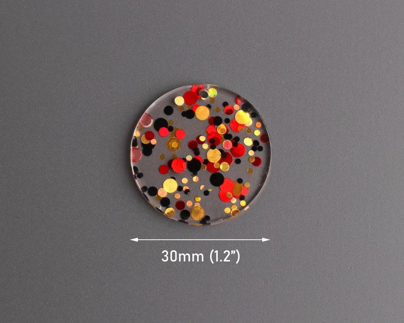 4 Round Circle Charms in Red Carpet Gala, Gold, Red and Black, Metallic Confetti Dots, Clear Acrylic, 30mm