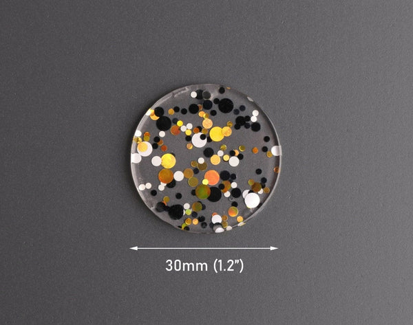 4 Round Circle Charms in Hollywood Gala, Gold, Black and White, Metallic Confetti Dots, Clear Acrylic Disc Bead, 30mm