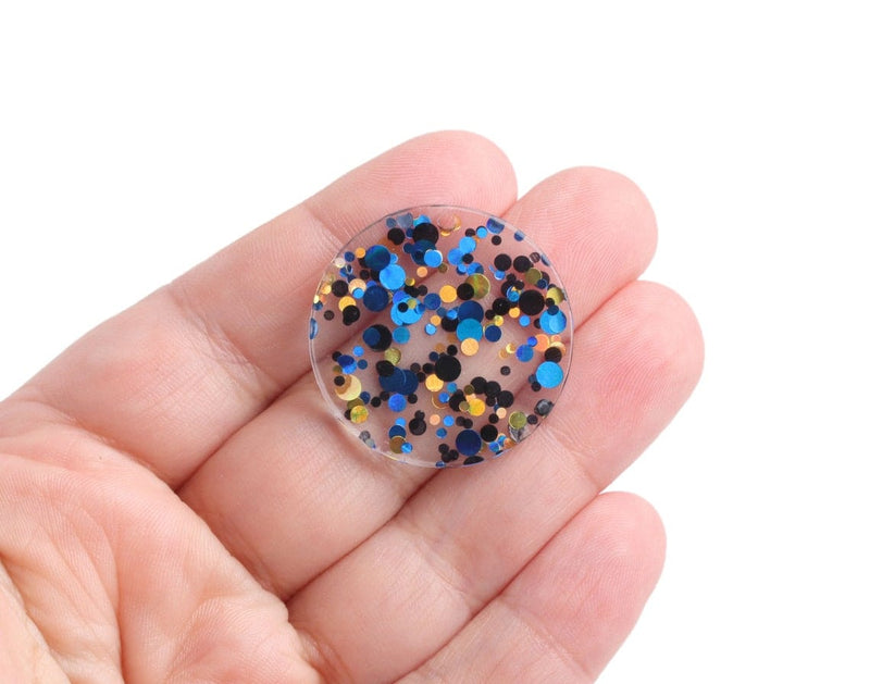 4 Round Circle Charms in Candlight Gala, Dark Blue, Gold and Black, Confetti Dots, Clear Acrylic Disc Bead, 30mm