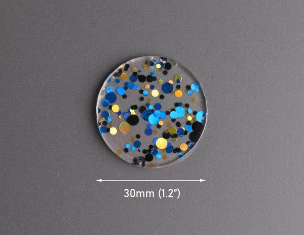 4 Round Circle Charms in Candlight Gala, Dark Blue, Gold and Black, Confetti Dots, Clear Acrylic Disc Bead, 30mm