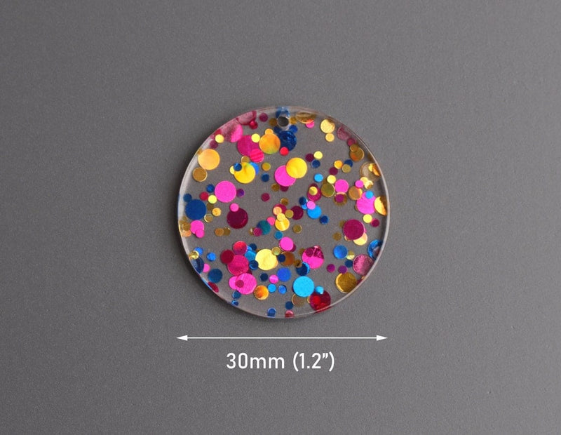 4 Round Circle Charms in Cocktail Party, Pink, Blue and Gold, Colorful Confetti Dots, Clear Acrylic, 30mm