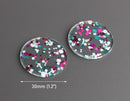 4 Round Circle Charms in Music Festival, Pink, Green and White, Colorful Confetti Dots, Clear Acrylic Disc Bead, 30mm