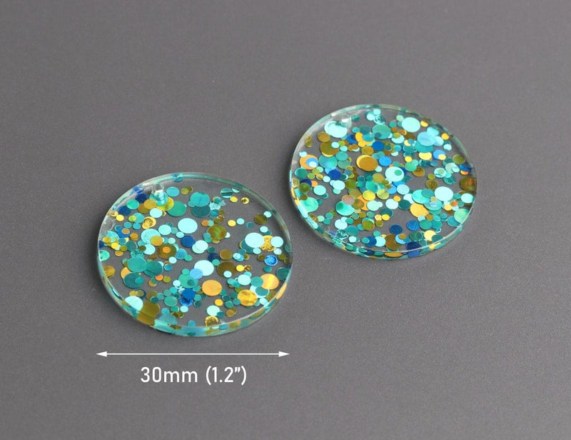 4 Round Circle Charms in Pool Party, Green Teal, Blue and Gold, Confetti Dots, Clear Acrylic Disc Bead, 30mm