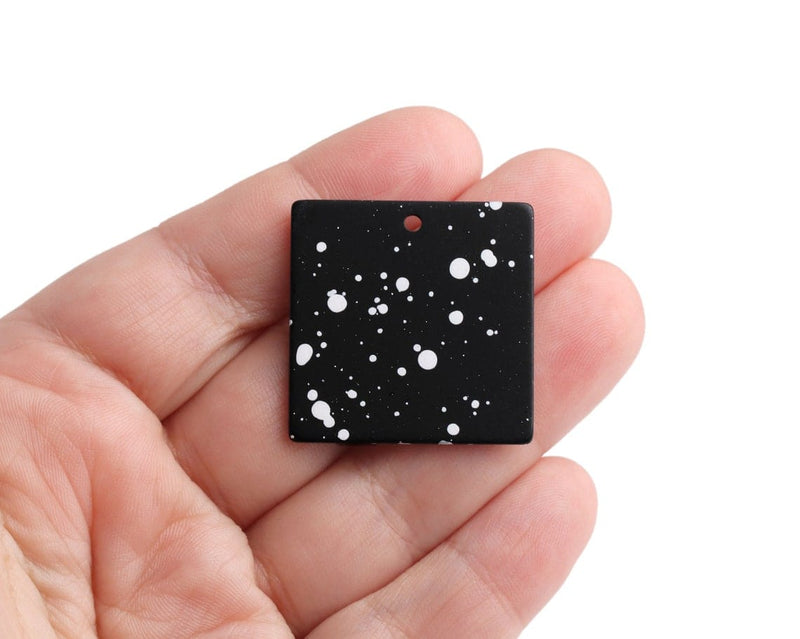2 Large Square Charms in Night Sky, Matte Black, Spray Paint Splatter Dots, Acrylic, 30 x 30mm