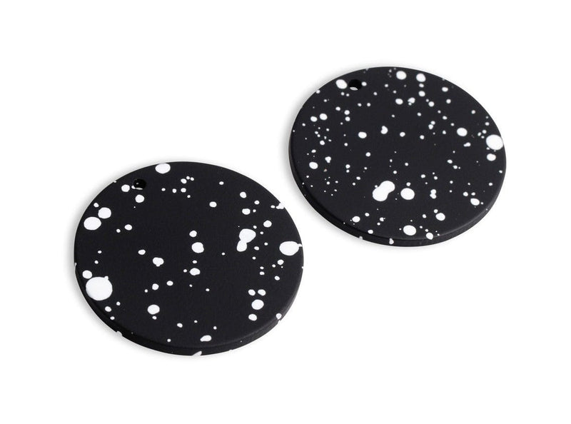 4 Round Charms in Night Sky, Black with White Spray Paint Splatter, Smooth Matte, Acrylic, 35mm