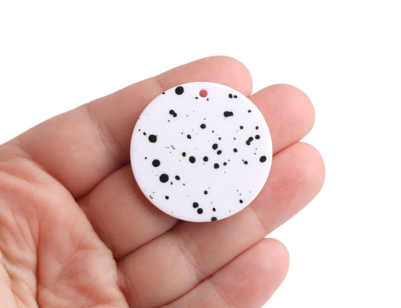 4 Round Circle Charms in Matte White with Black Dots, Spray Paint Splatter, Smooth, Acrylic, 35mm