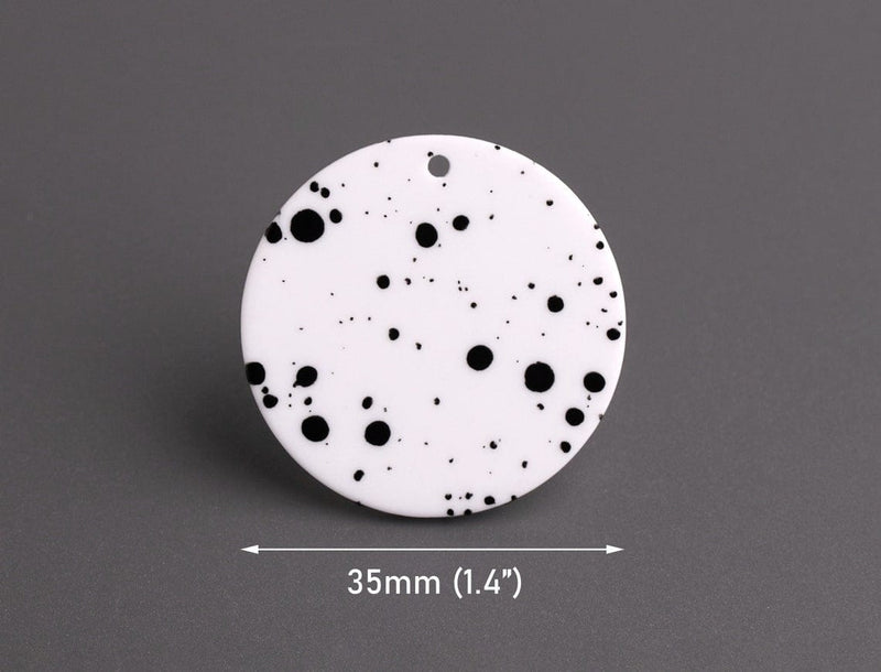 4 Round Circle Charms in Matte White with Black Dots, Spray Paint Splatter, Smooth, Acrylic, 35mm