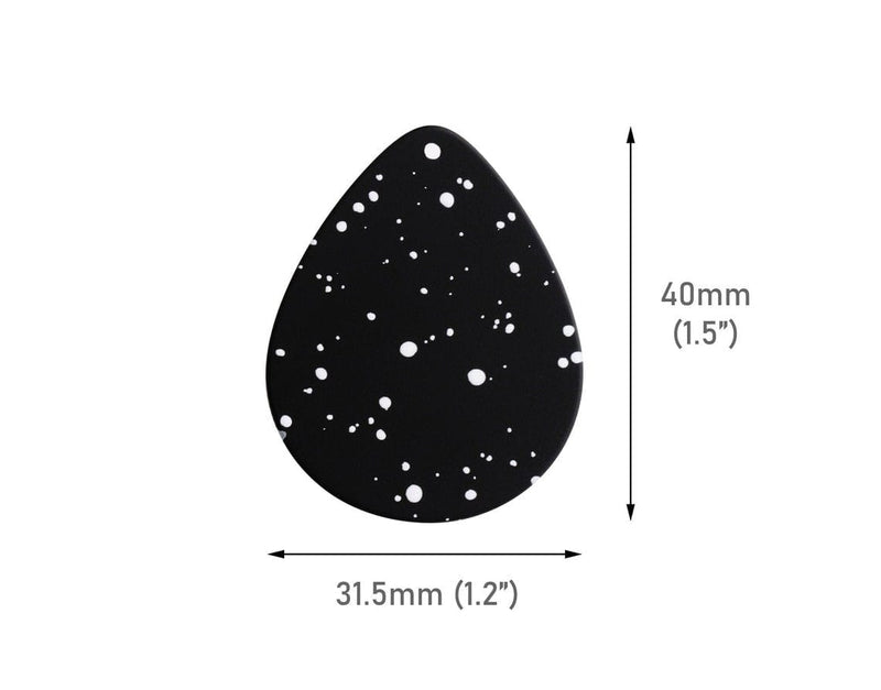 4 Large Teardrop Charms in Night Sky, Smooth Matte with White Paint Spray Dots, Black Acrylic, 40 x 31.5mm