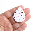 4 Large Teardrop Charms in Matte White with Black Dots, Spray Paint Splatter, Smooth, Acrylic, 40 x 31.5mm
