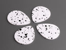 4 Large Teardrop Charms in Matte White with Black Dots, Spray Paint Splatter, Smooth, Acrylic, 40 x 31.5mm