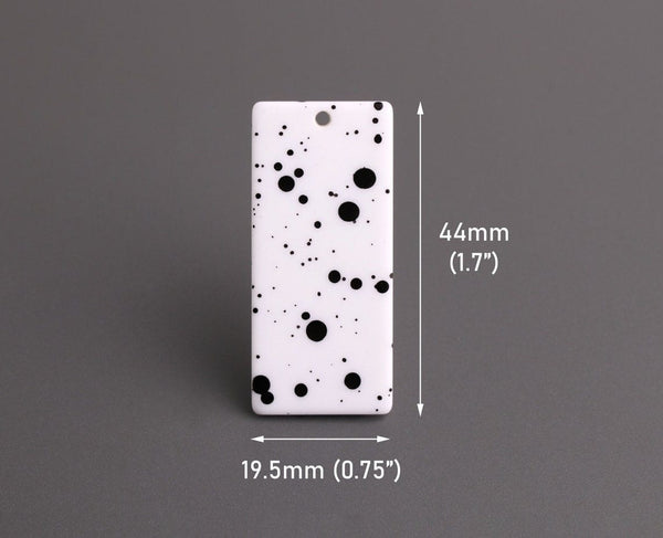 2 Large Rectangle Charms in Matte White with Black Dots, 1 Hole, Spray Paint Spattler, Acrylic, 44 x 19.5mm