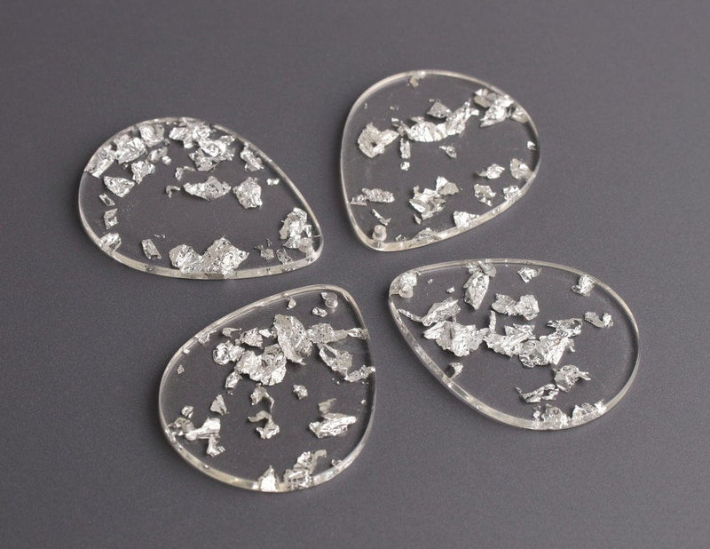 4 Large Teardrop Pendants with Silver Foil Flakes, Clear Acrylic Beads, Pear Shaped Charm, 40 x 31.5mm